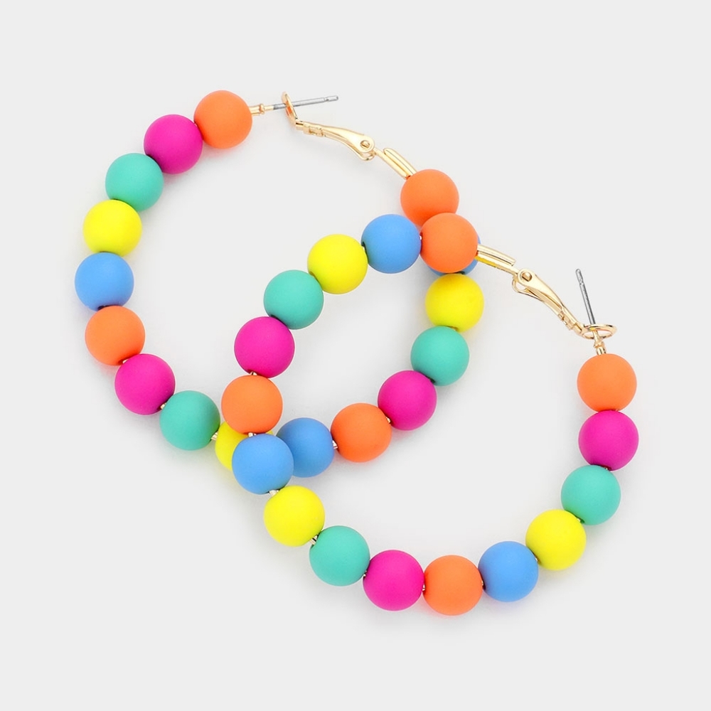 Colorful Rainbow Cluster Ball Beaded Hoop Earrings Trendy Womens Fashion Jewelry